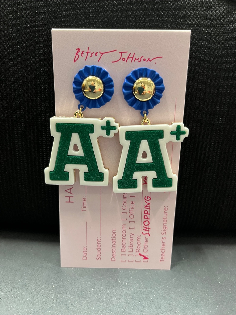 NWT Betsey Johnson Blue Rosette & Green A+ Drop Earrings